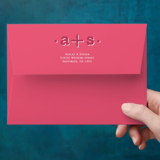 Retro groovy initials hot pink, magenta wedding envelope (Hand)