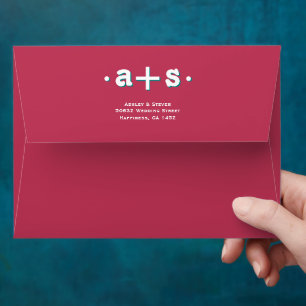 Retro groovy initials magenta and teal wedding envelope