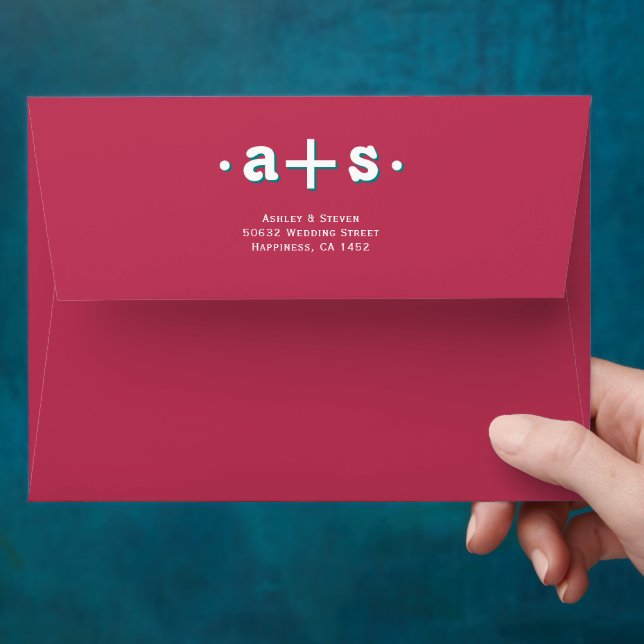 Retro groovy initials magenta and teal wedding envelope (Hand)