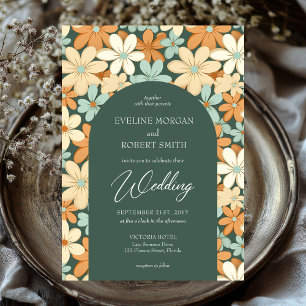 Retro groovy ivory pale yellow cream flowers arch invitation