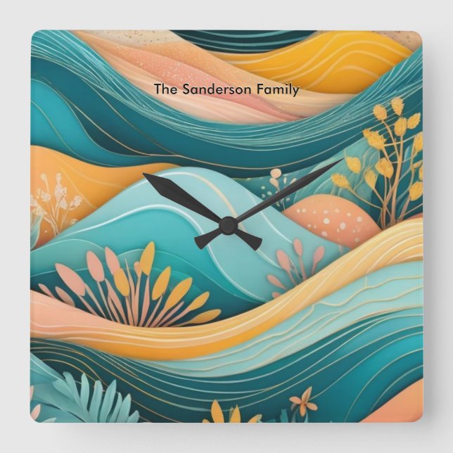 Retro Groovy Landscape Stylish Monogrammed Square Wall Clock (Front)