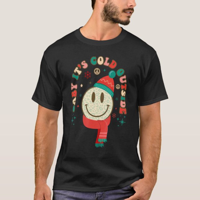 Retro Groovy Leopard Smile Face  Saying Christmas T-Shirt (Front)