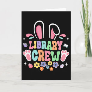Retro Groovy Library Crew Librarian Bunny Ear Flow Card