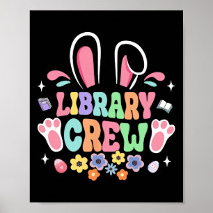 Retro Groovy Library Crew Librarian Bunny Ear Flow Poster