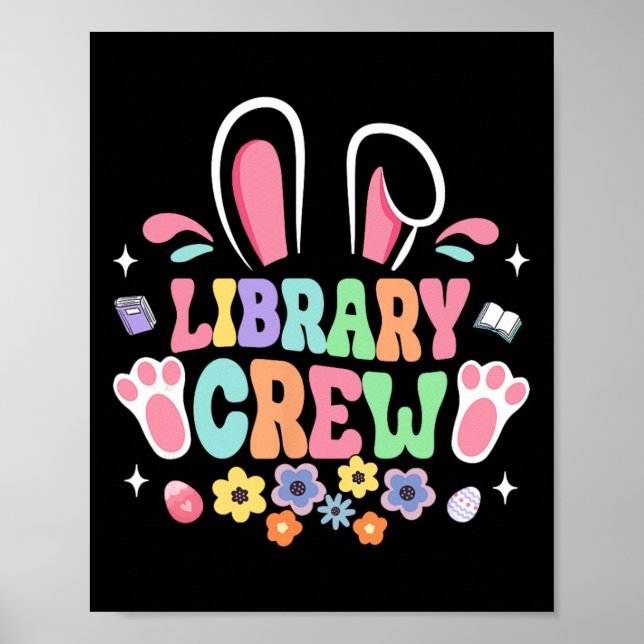 Retro Groovy Library Crew Librarian Bunny Ear Flow Poster (Front)