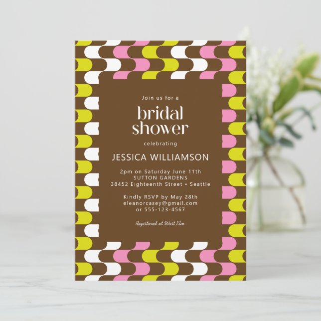 Retro Groovy Lime Pink and Brown Bridal Shower Invitation (Standing Front)