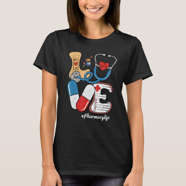 Retro Groovy LOVE Stethoscope Pill Pharmacy Life P T-Shirt (Front)