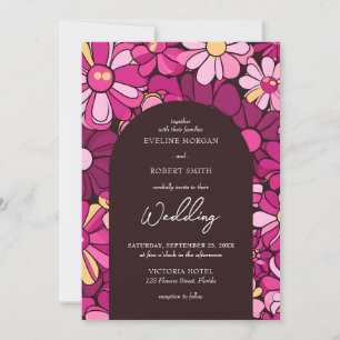 Retro groovy magenta pink flowers boho arch invitation