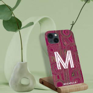 Retro Groovy Magenta Pink Gold Glitter Monogram  iPhone 13 Case