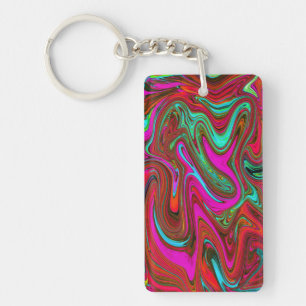 Retro Groovy Magenta, Red and Blue Abstract Art Key Ring