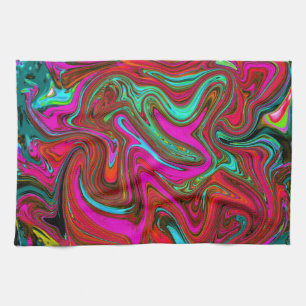 Retro Groovy Magenta, Red and Blue Abstract Art Tea Towel