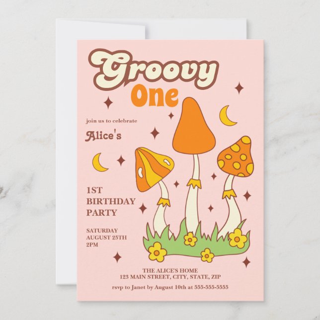 Retro Groovy Magic Hippie Mushroom 1st Birthday Invitation (Front)