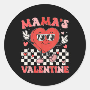 Retro Groovy Mama Is My Valentine Cute Heart Boys  Classic Round Sticker