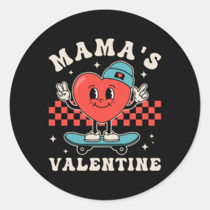 Retro Groovy Mama Is My Valentine Cute Heart Boys Classic Round Sticker