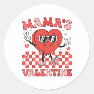 Retro Groovy Mama Is My Valentine Cute Heart Boys  Classic Round Sticker