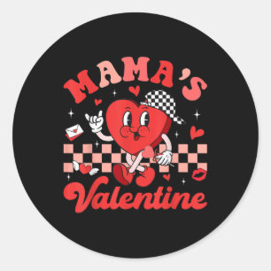 Retro Groovy Mama Is My Valentine Cute Heart Boys Classic Round Sticker