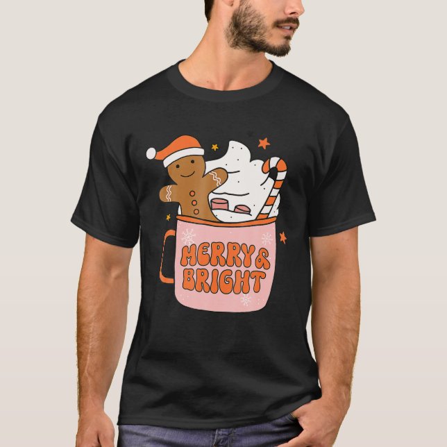 Retro Groovy Merry And Bright Gingerbread Christma T-Shirt (Front)