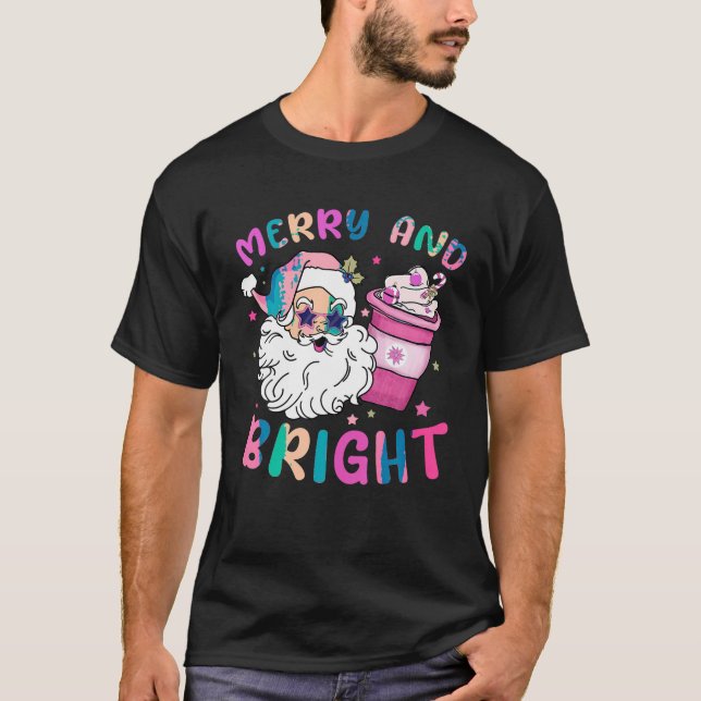 Retro Groovy Merry And Bright Pink Funny Christmas T-Shirt (Front)