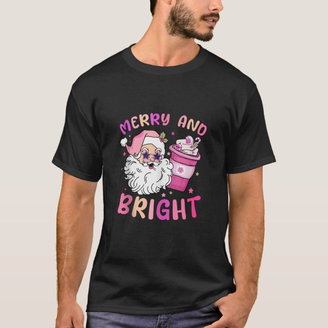 Retro Groovy Merry And Bright Pink Funny Christmas T-Shirt (Front)