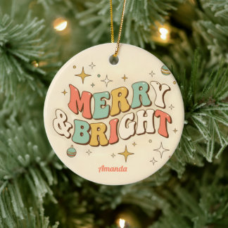 Retro Groovy Merry & Bright Christmas Ceramic Ornament