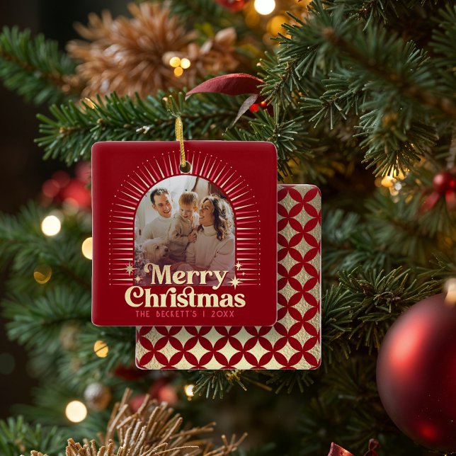 Retro Groovy Merry Christmas Family Photo Ceramic Ornament (Creator Uploaded)