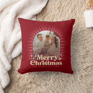 Retro Groovy Merry Christmas Family Photo Cushion