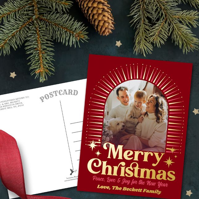 Retro Groovy Merry Christmas Photo Foil Holiday Postcard (Creator Uploaded)