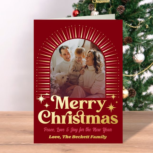 Retro Groovy Merry Christmas Photo Real Foil Foil Holiday Card (Creator Uploaded)