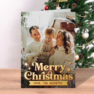 Retro Groovy Merry Christmas Photo Real Foil Foil Holiday Card