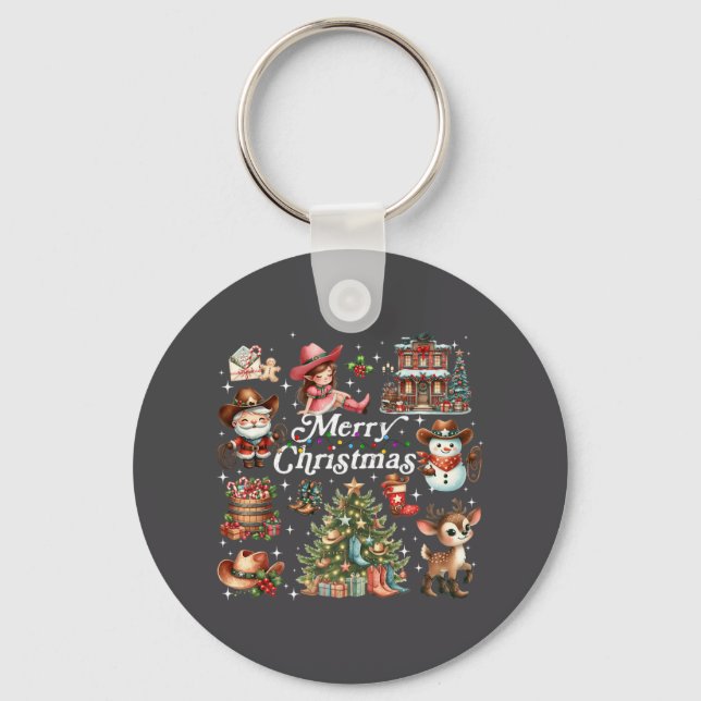 Retro Groovy Merry Christmas Vibes Howdy Western C Key Ring (Front)