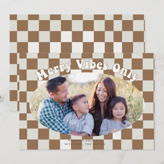 Retro Groovy Merry Vibes Only with Buffalo Plaid  Invitation (Front/Back)