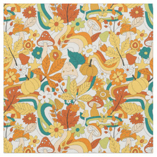 Retro Groovy Mushroom Flower Pattern Fabric