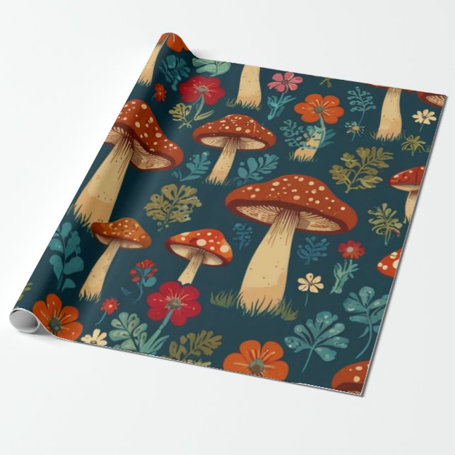 Retro Groovy Mushroom Flower Pattern Wrapping Paper (Unrolled)