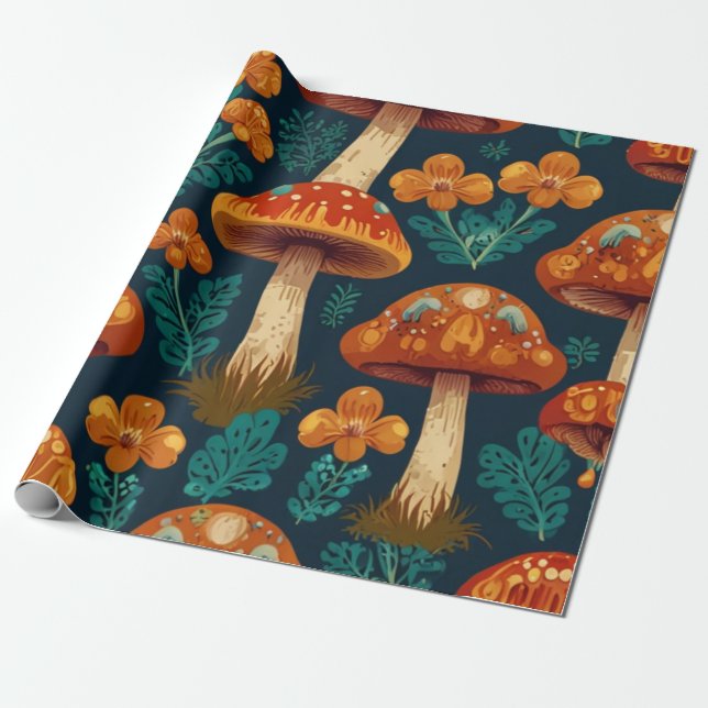 Retro Groovy Mushroom Flower Pattern Wrapping Paper (Unrolled)
