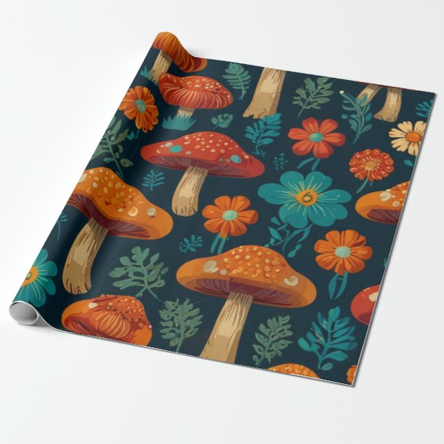 Retro Groovy Mushroom Flower Pattern Wrapping Paper (Unrolled)