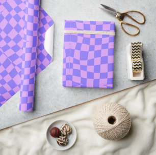 retro groovy neon purple wavy checkered  wrapping paper