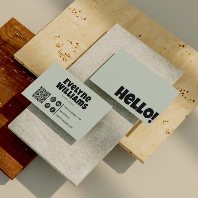 Retro Groovy Neutral Sage Green QR Code Hello Boho Business Card (Creator Uploaded)