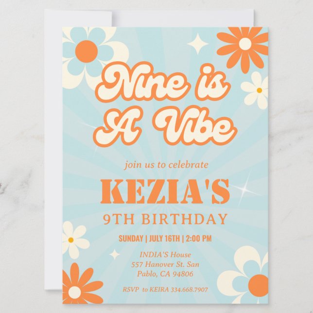Retro Groovy Nine is a Vibe Birthday Invitation (Front)