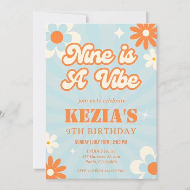 Retro Groovy Nine is a Vibe Birthday Invitation (Front)