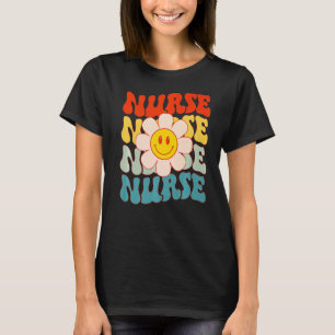 Retro Groovy Nurse Happy Face Cute Daisy Flower Sm T-Shirt