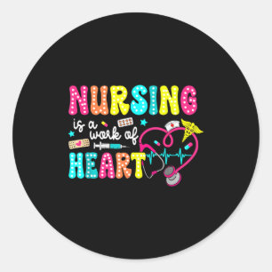 Retro Groovy Nursing Is A Work Of Heart Funny Nurs Classic Round Sticker