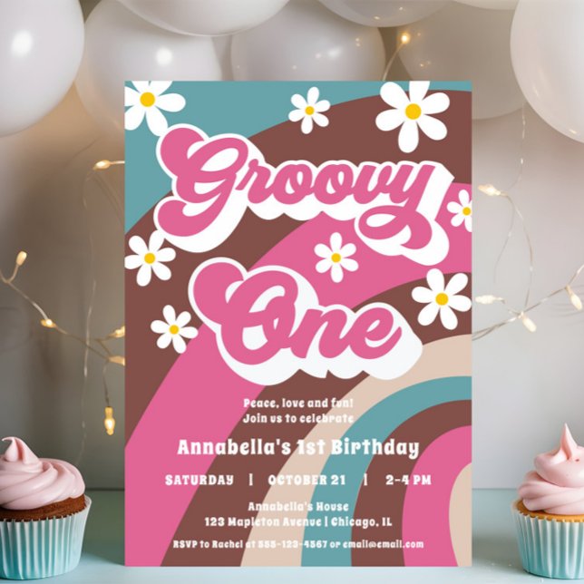 Retro Groovy One 1st birthday pink teal girl Invitation (Creator Uploaded)