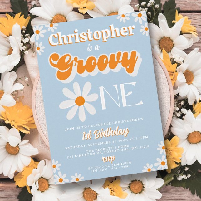 Retro Groovy One Boys 1st Birthday Invitation (Creator Uploaded)