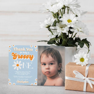 Retro Groovy One Boys 1st Birthday Photo Thank You Card