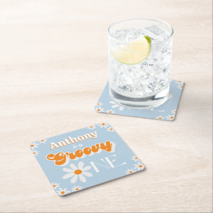 Retro Groovy One Boys 1st Birthday Square Paper Coaster