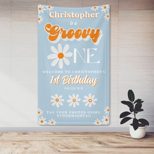 Retro Groovy One Boys 1st Birthday Welcome Banner (Creator Uploaded)