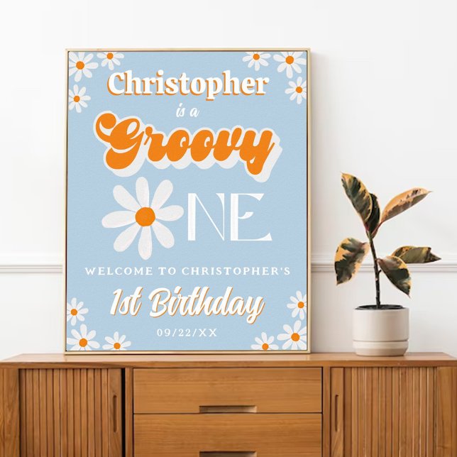 Retro Groovy One Boys 1st Birthday Welcome Poster (Creator Uploaded)