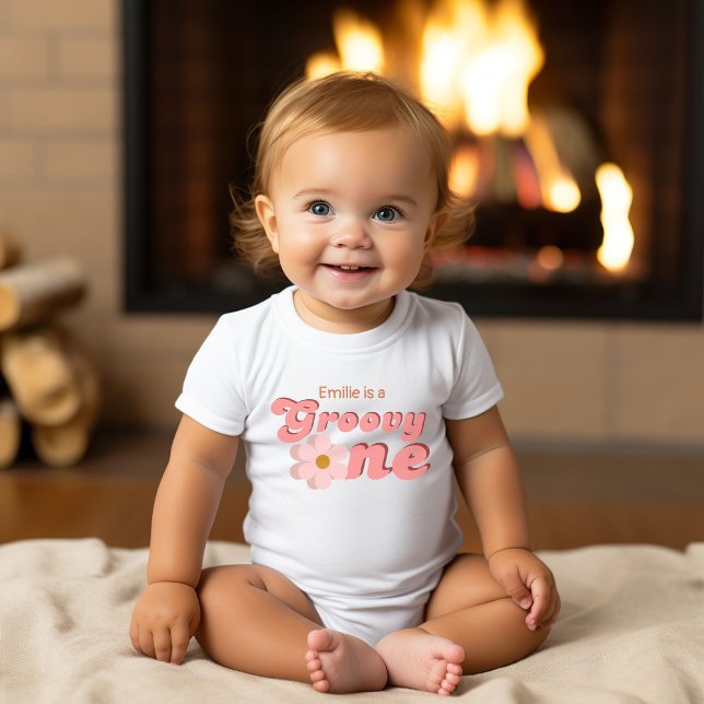 Retro Groovy one Daisy Flower Birthday Party Baby Bodysuit (Creator Uploaded)