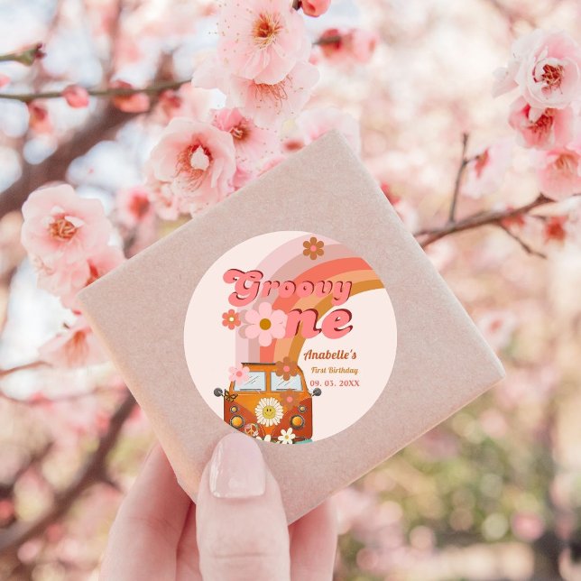 Retro Groovy one Daisy Flower Birthday Party Classic Round Sticker (Creator Uploaded)