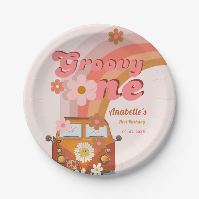 Retro Groovy one Daisy Flower Birthday Party Paper Plate (Front)